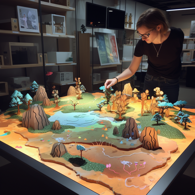 Person interacting with a 3-D map